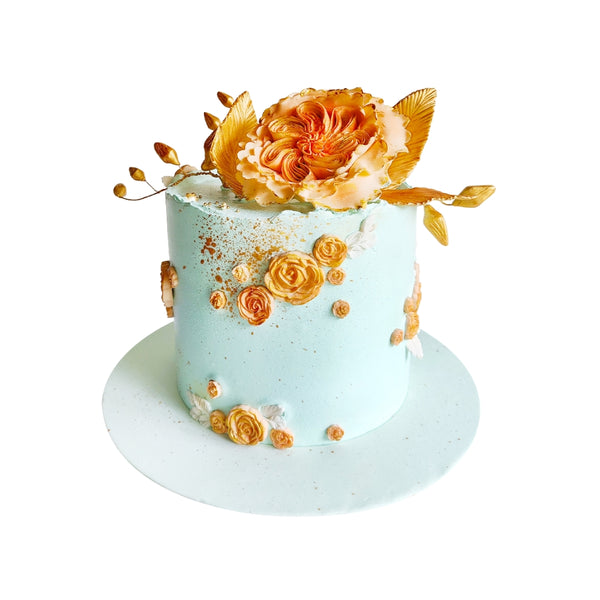 Blue Gold fondant flower cake
