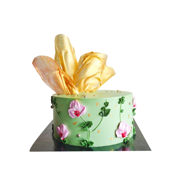 Gold Sailed Green Cake With Pink Flowers