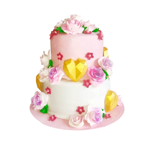 Two Tire Flower Cake with Gold Hearts